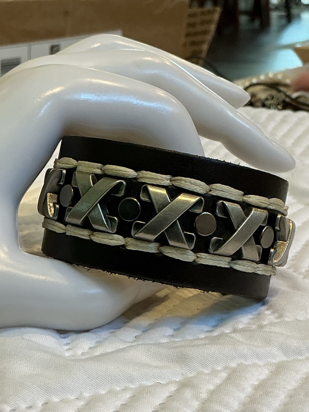 YIK FUNG  Men/Women Black Leather Cuff Bracelet with Silver Accent
